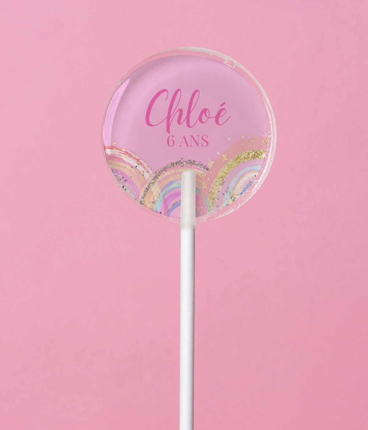 Sucette personnalisée au prénom arc-en-ciel pastel effet pailleté – cadeau invité anniversaire fille