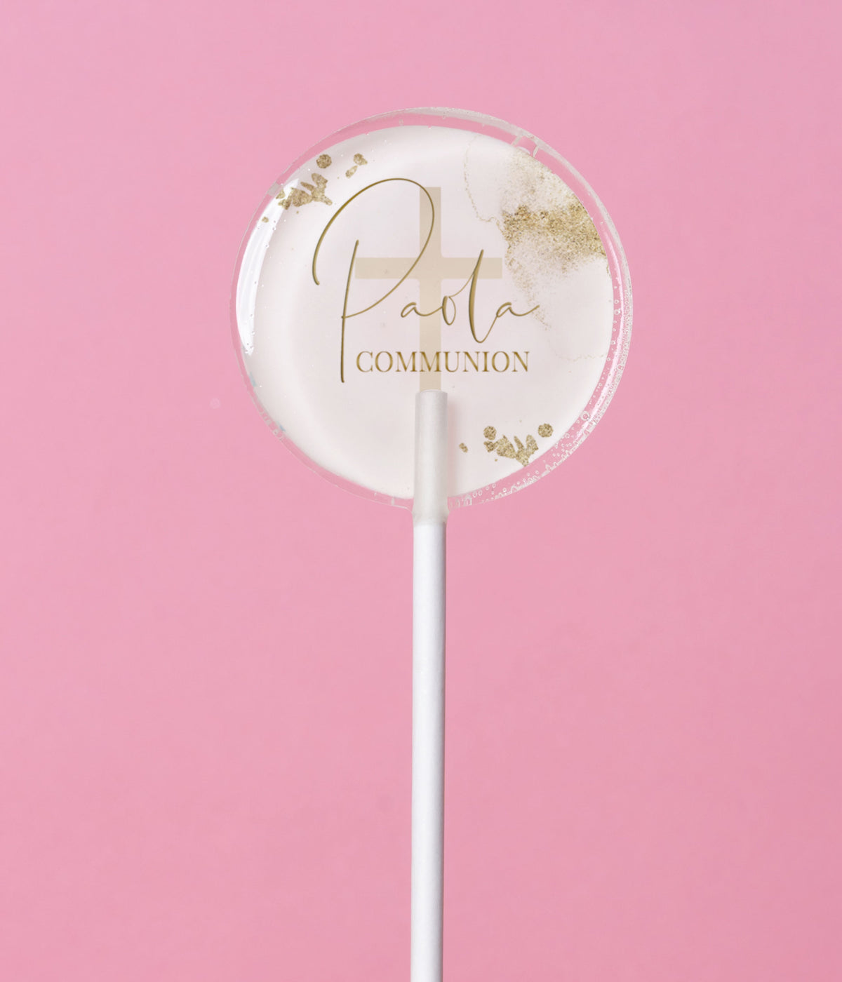Sucette personnalisée au prénom croix et éclats effet or pailleté – cadeau invité communion