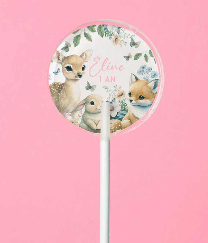Sucette personnalisée au prénom thème forêt enchantée, faon, lapin et renard en aquarelle – cadeau invité baby shower