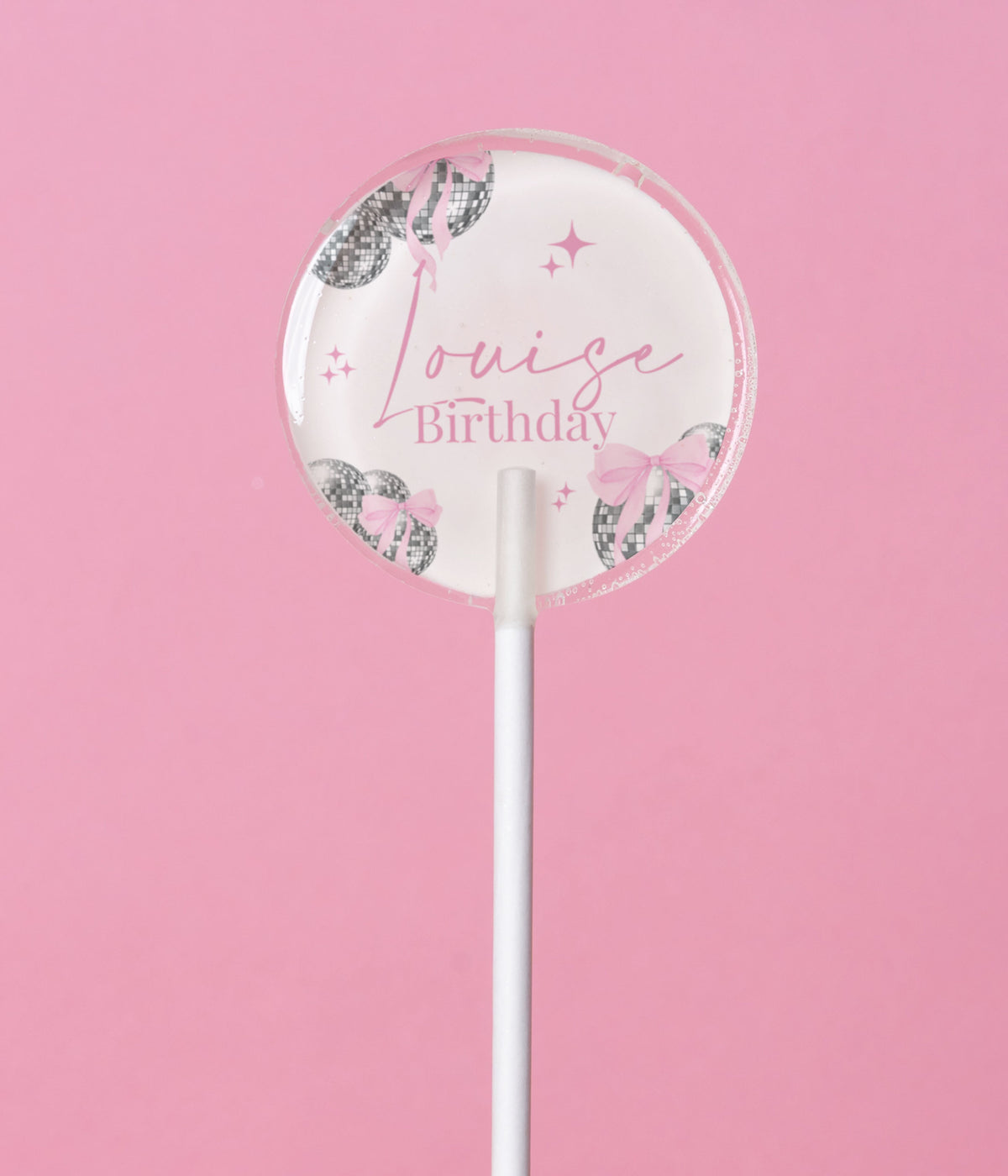 Sucette personnalisée au prénom boules disco et nœuds roses en aquarelle – cadeau invité anniversaire ado ou adulte