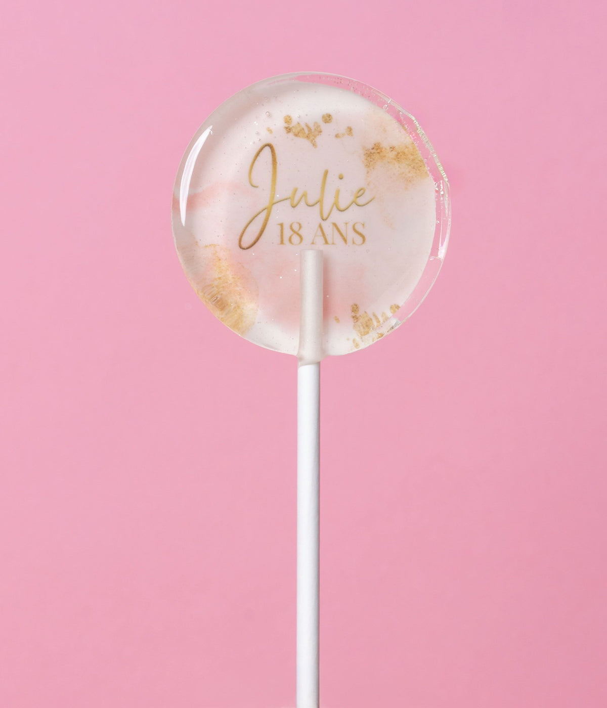 Sucette personnalisée au prénom aquarelle rose poudré et éclats dorés – cadeau invité anniversaire, EVJF