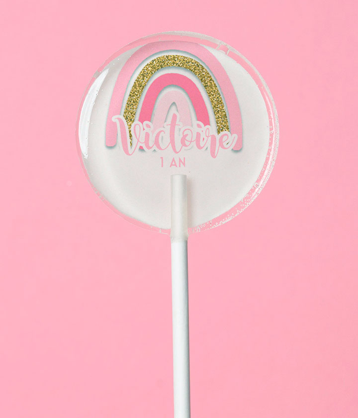 Sucette personnalisée au prénom arc-en-ciel rose et doré – cadeau invité anniversaire fille