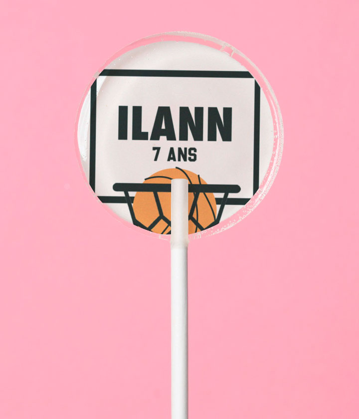 Sucette personnalisée au prénom panier et ballon de basket noir et orange – cadeau invité anniversaire enfant