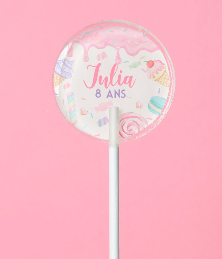 Sucette personnalisée au prénom thème candy pastel, glaces, macarons et bonbons – cadeau invité anniversaire enfant