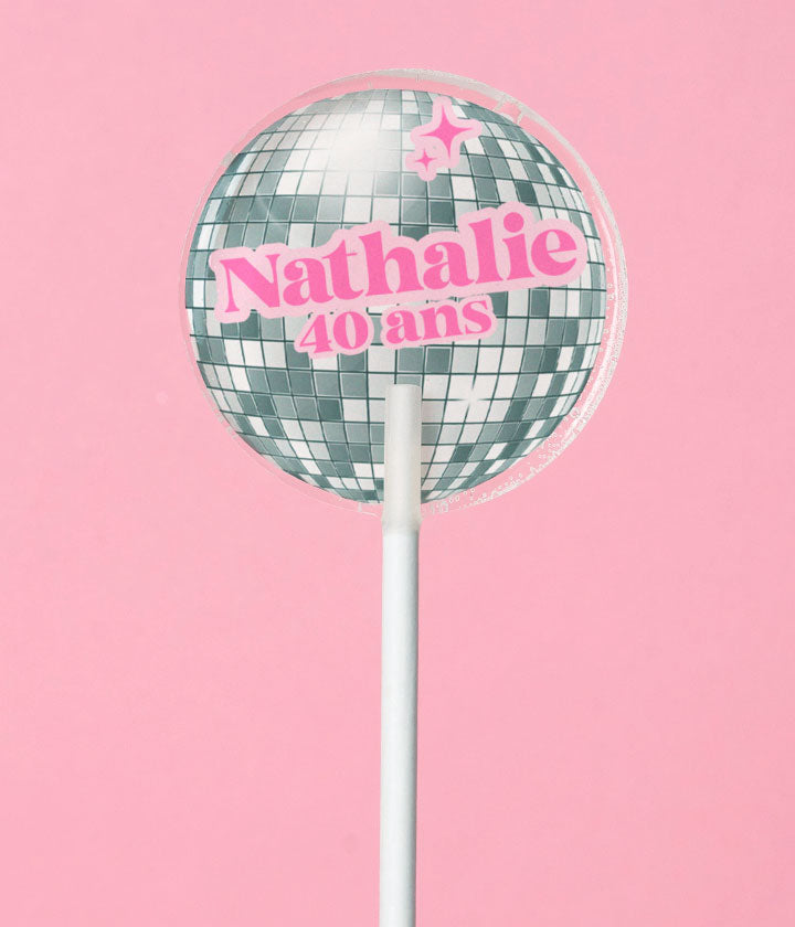Sucette personnalisée au prénom boule à facettes disco et lettres roses – cadeau invité anniversaire 40 ans