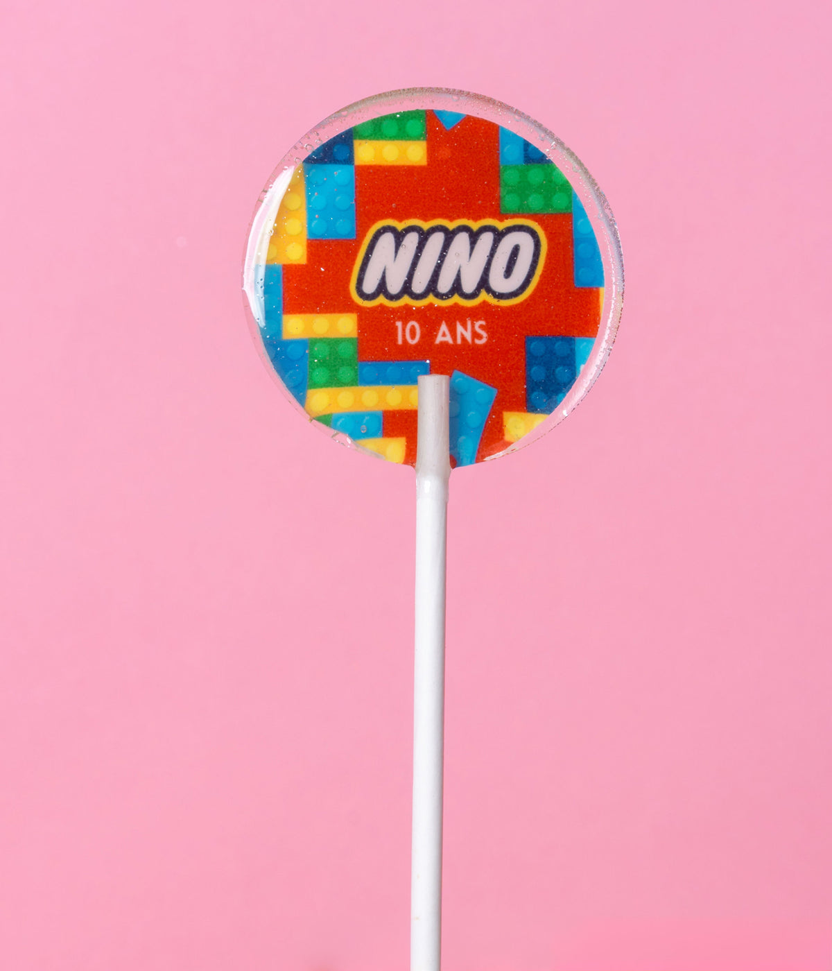 Sucette personnalisée au prénom briques de construction multicolores – cadeau invité anniversaire enfant