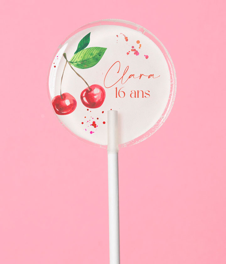 Sucette personnalisée au prénom cerises rouges en aquarelle – cadeau invité anniversaire 16 ans, EVJF