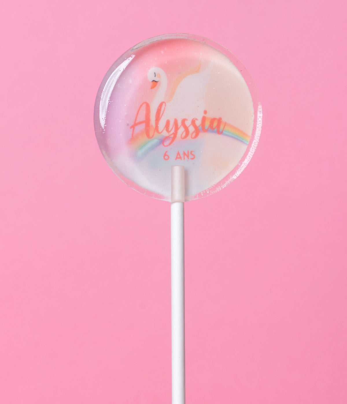 Sucette personnalisée au prénom cygne rose et arc-en-ciel pastel – cadeau invité anniversaire fille
