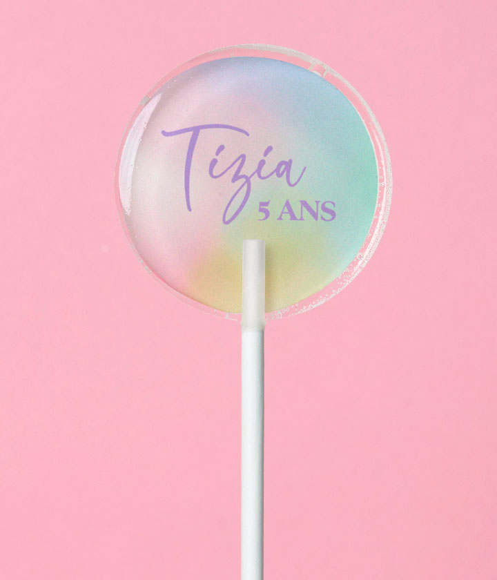 Sucette personnalisée au prénom dégradé pastel effet holographique – cadeau invité anniversaire enfant