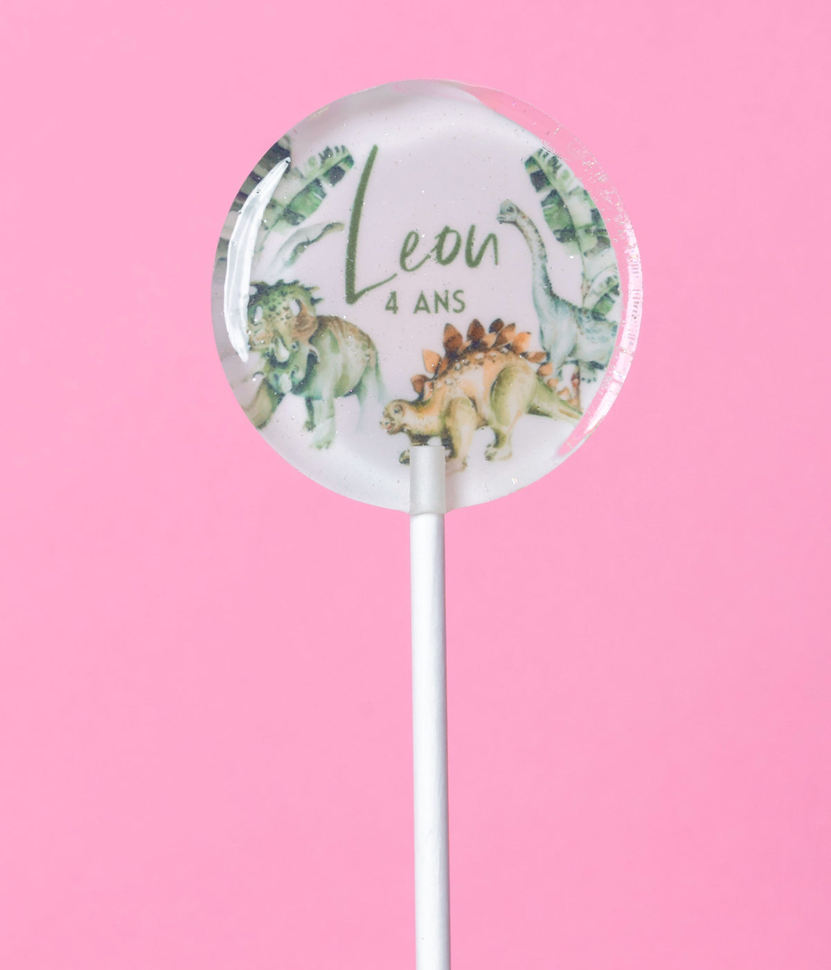 Sucette personnalisée au prénom dinosaures verts en aquarelle et feuillage – cadeau invité anniversaire enfant