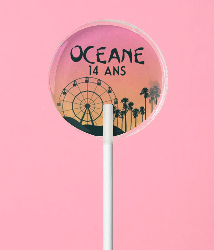 Sucette personnalisée au prénom grande roue et palmiers au coucher de soleil – cadeau invité anniversaire ado