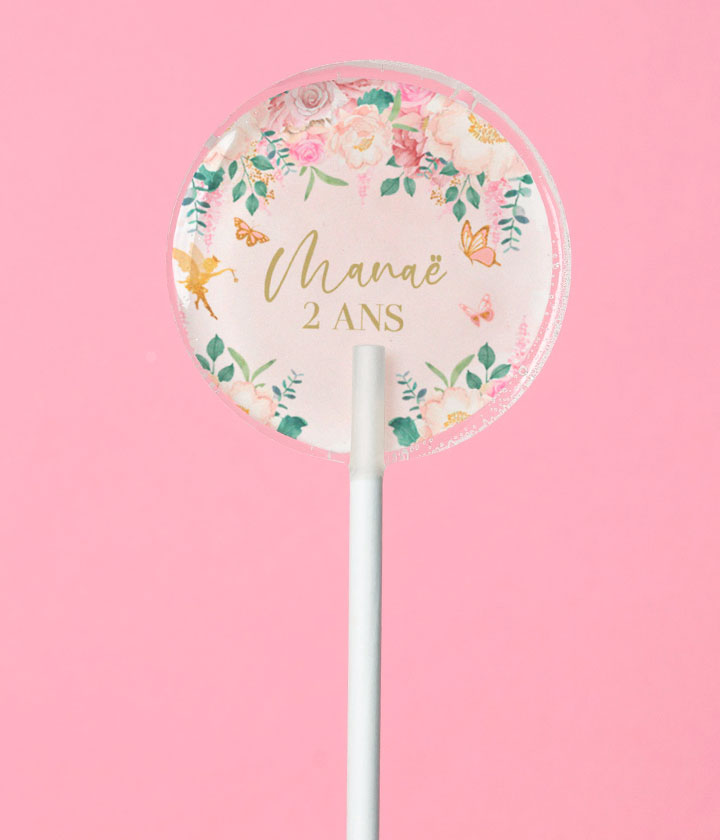 Sucette personnalisée au prénom couronne de fleurs, papillons et fée en aquarelle – cadeau invité anniversaire fille