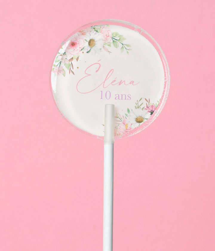 Sucette personnalisée au prénom marguerites et fleurs champêtres roses – cadeau invité anniversaire, baptême
