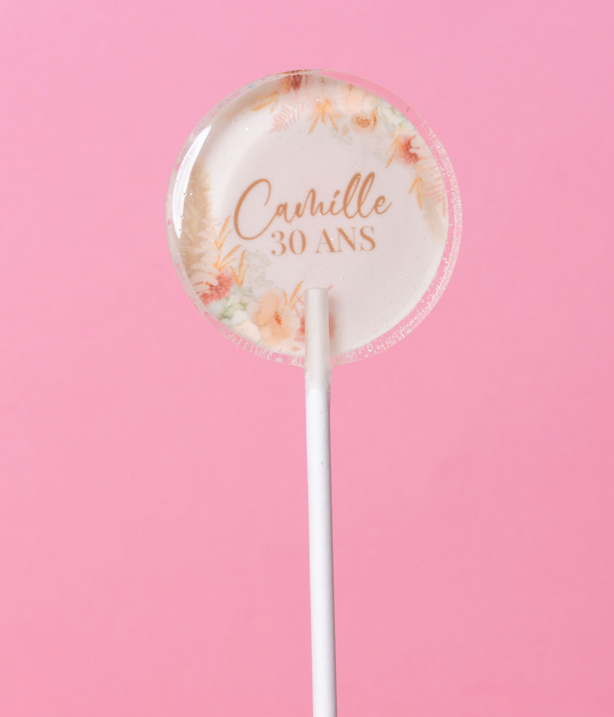 Sucette personnalisée au prénom fleurs séchées et pampa ton pêche – cadeau invité mariage bohème, anniversaire