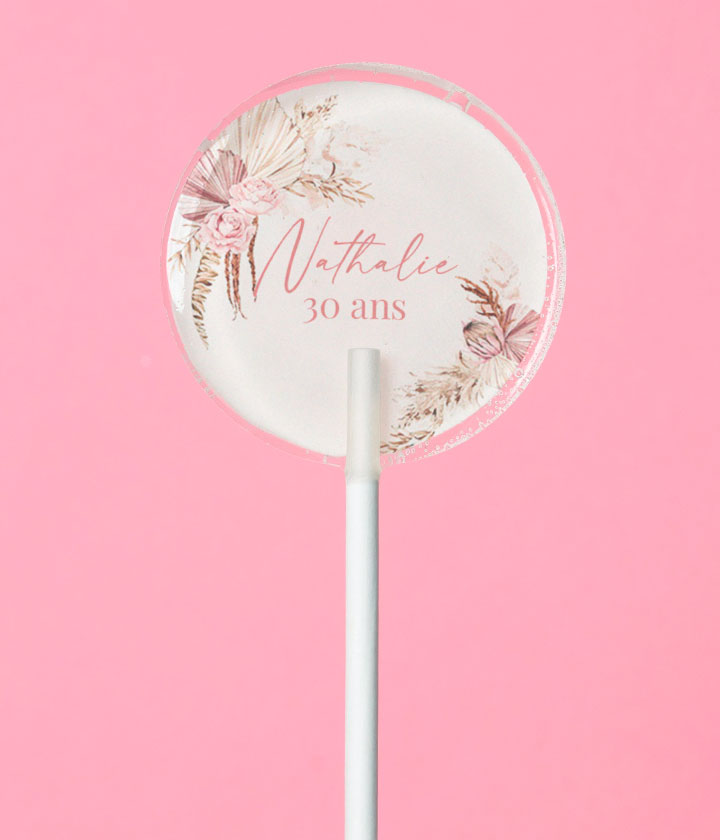 Sucette personnalisée au prénom fleurs séchées et pampa vieux rose – cadeau invité mariage boho chic