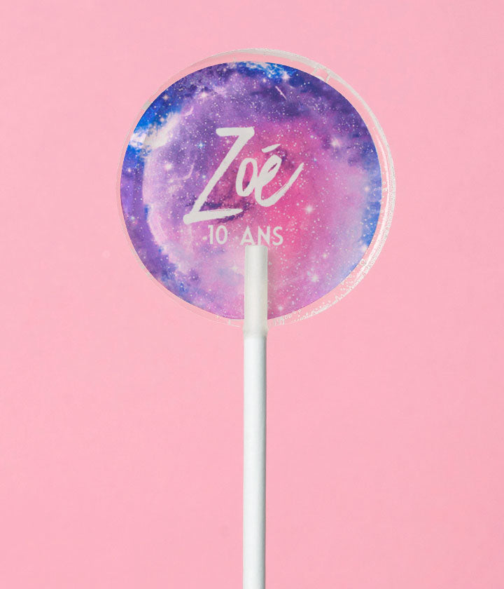 Sucette personnalisée au prénom galaxie rose et violette étoilée – cadeau invité anniversaire fille ou ado