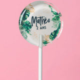 Sucette personnalisée au prénom thème tropical jungle, feuilles de monstera et typo pinceau – cadeau invité anniversaire adulte, EVJF