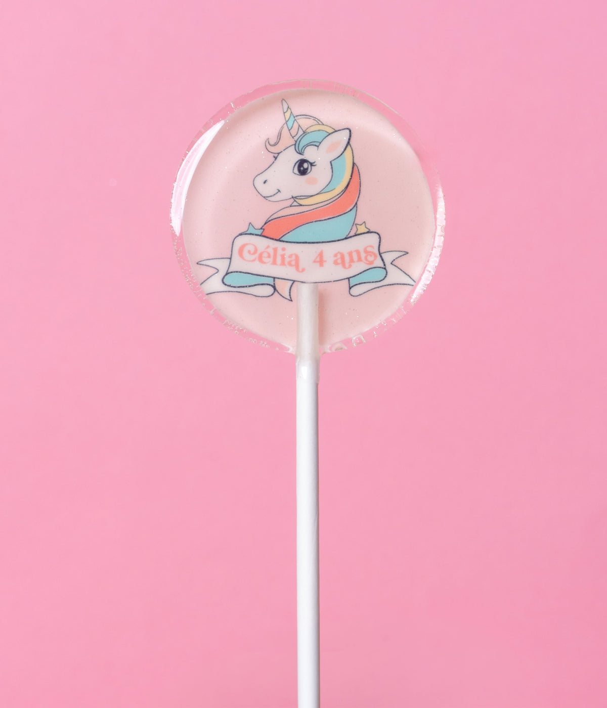 Sucette personnalisée au prénom licorne à crinière pastel et banderole – cadeau invité anniversaire fille