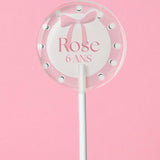 Sucette personnalisée au prénom miroir de loge à ampoules et nœud rose – cadeau invité anniversaire fille ou ado