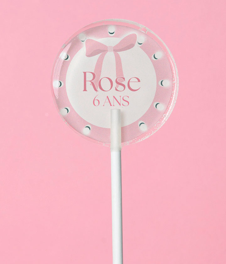 Sucette personnalisée au prénom miroir de loge à ampoules et nœud rose – cadeau invité anniversaire fille ou ado