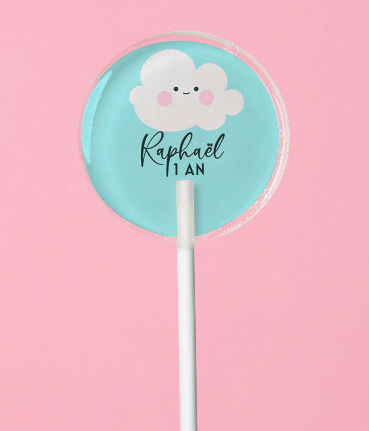 Sucette personnalisée au prénom petit nuage kawaii sur fond turquoise – cadeau invité naissance