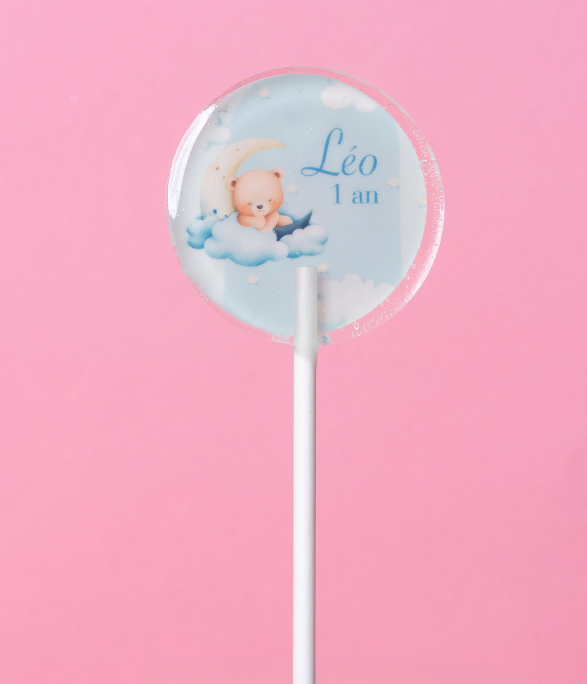 Sucette personnalisée au prénom ourson endormi sur un nuage bleu – cadeau invité naissance