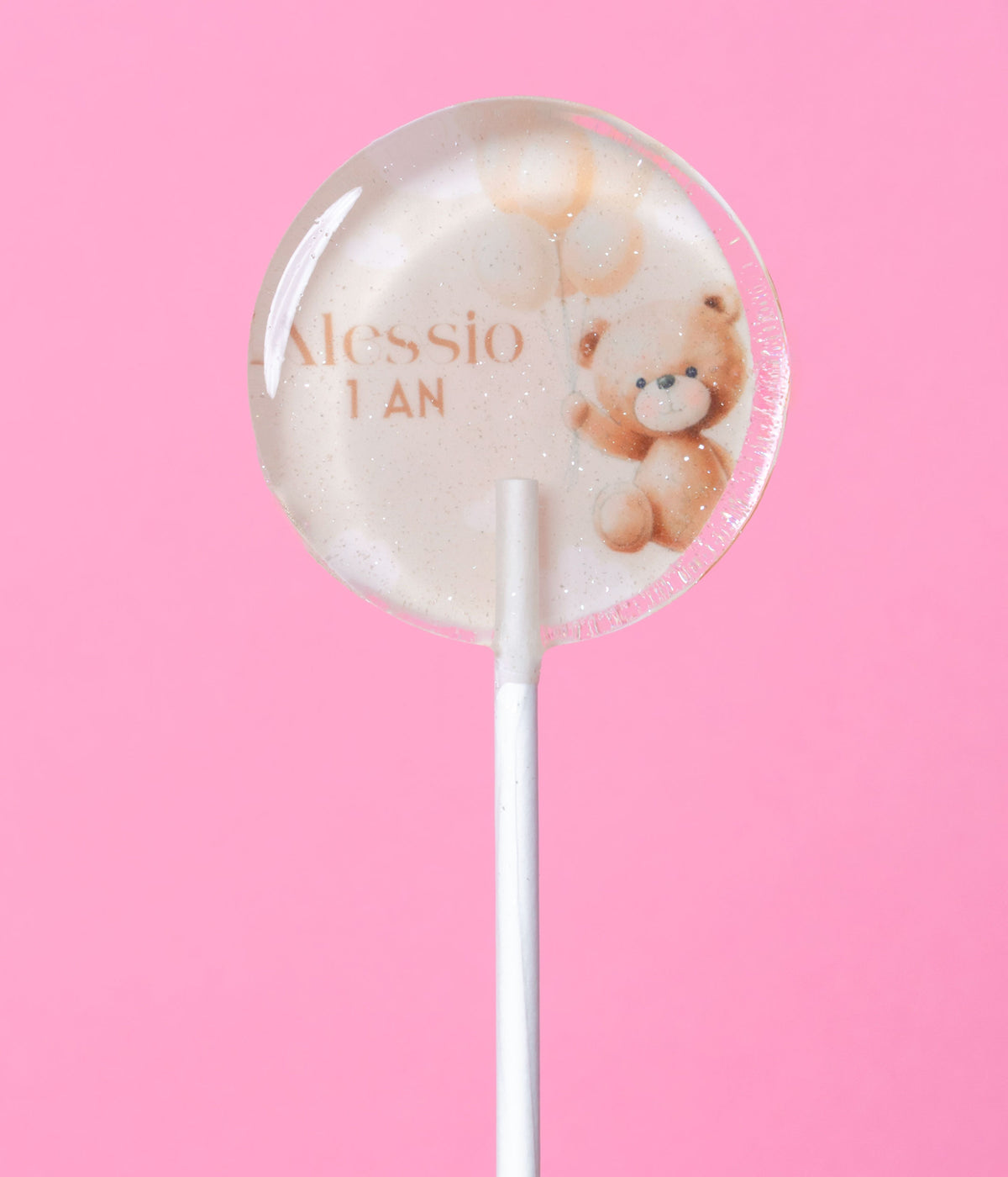 Sucette personnalisée au prénom ourson et ballons beige – cadeau invité premier anniversaire