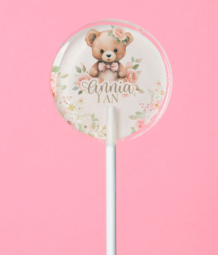 Sucette personnalisée au prénom ourson et fleurs pastel – cadeau invité premier anniversaire