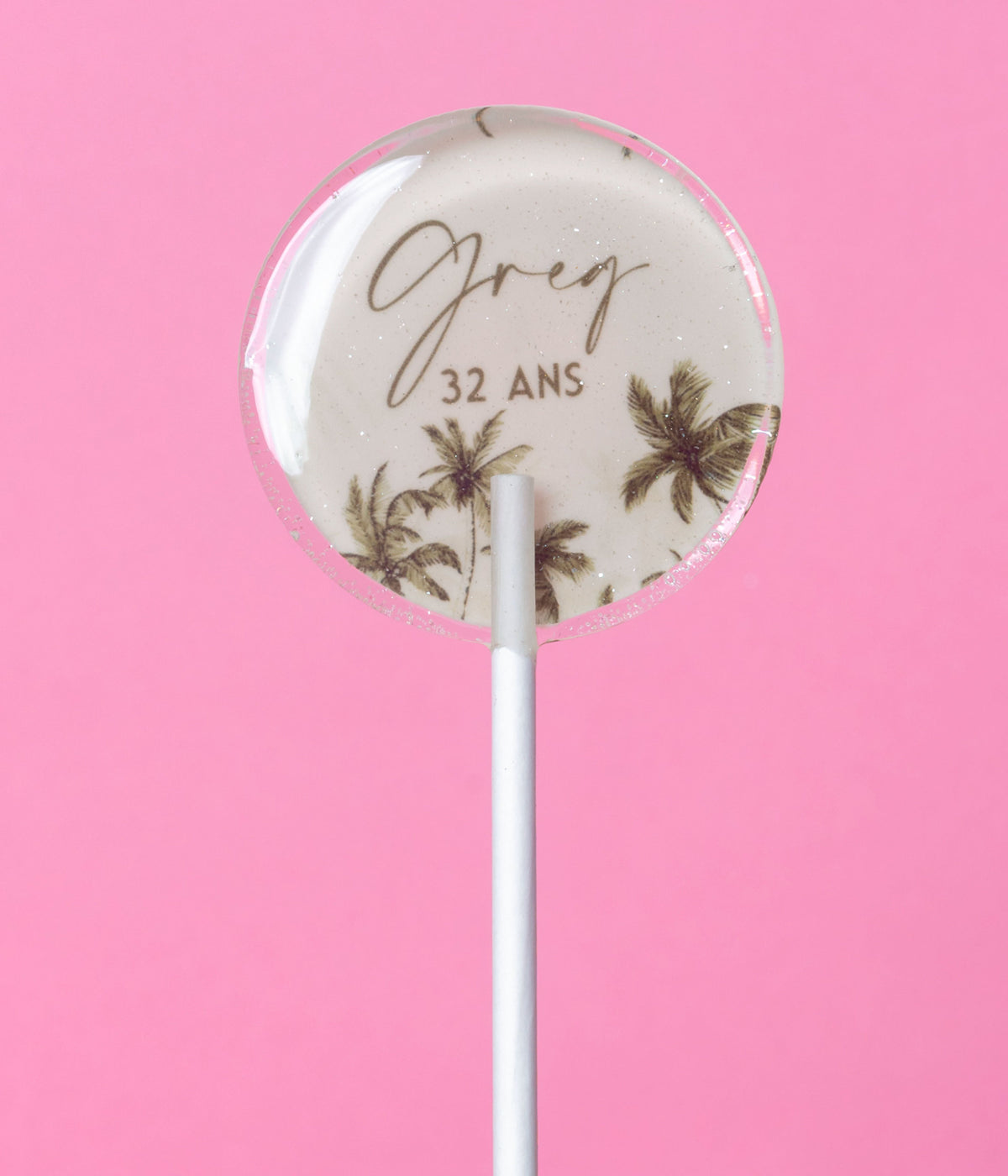 Sucette personnalisée au prénom palmiers tropicaux à l’encre – cadeau invité anniversaire adulte