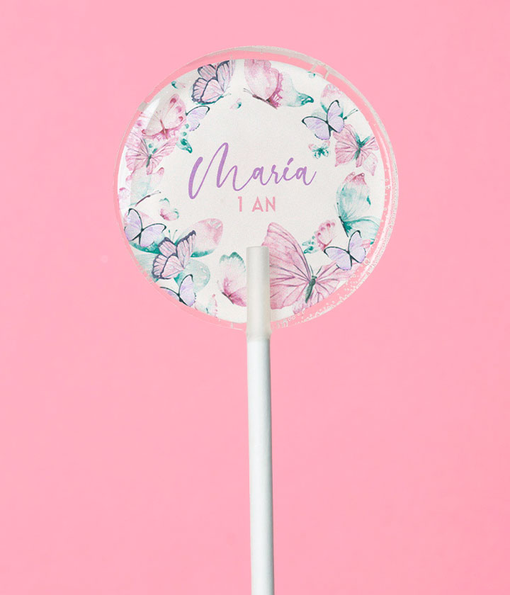 Sucette personnalisée au prénom couronne de papillons pastel – cadeau invité anniversaire fille