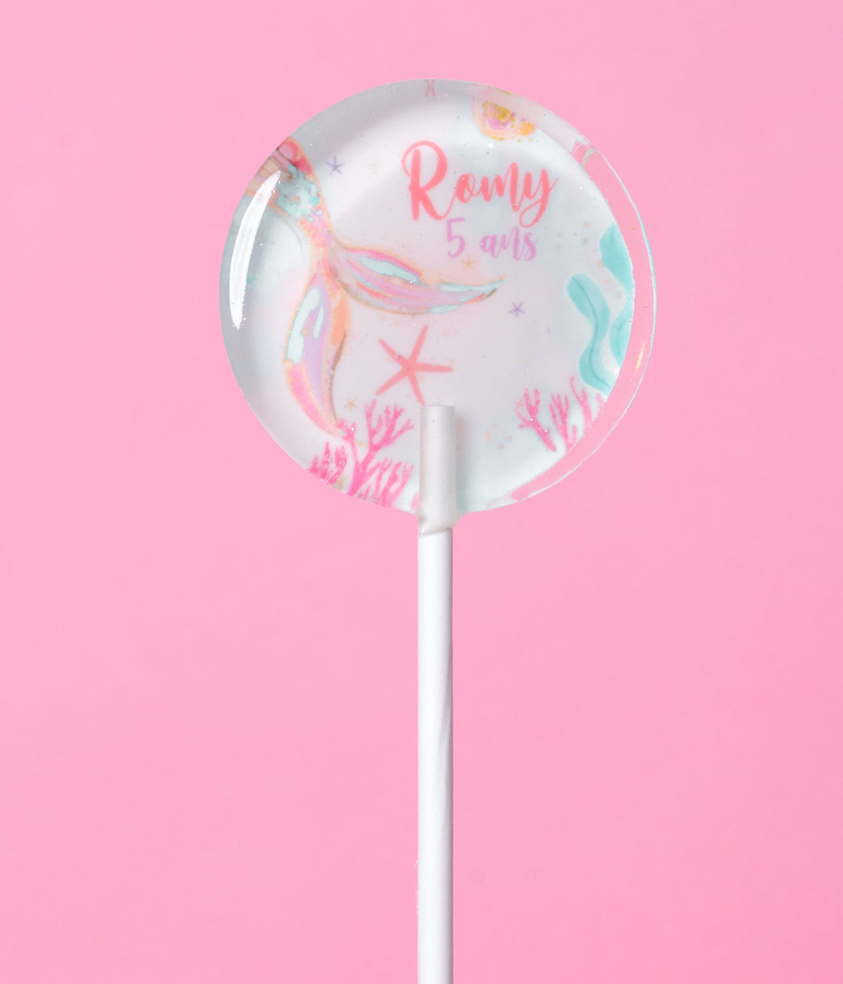 Sucette personnalisée au prénom queue de sirène et coraux – cadeau invité anniversaire fille