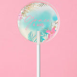 Sucette personnalisée au prénom fleurs tropicales sur fond turquoise – cadeau invité anniversaire
