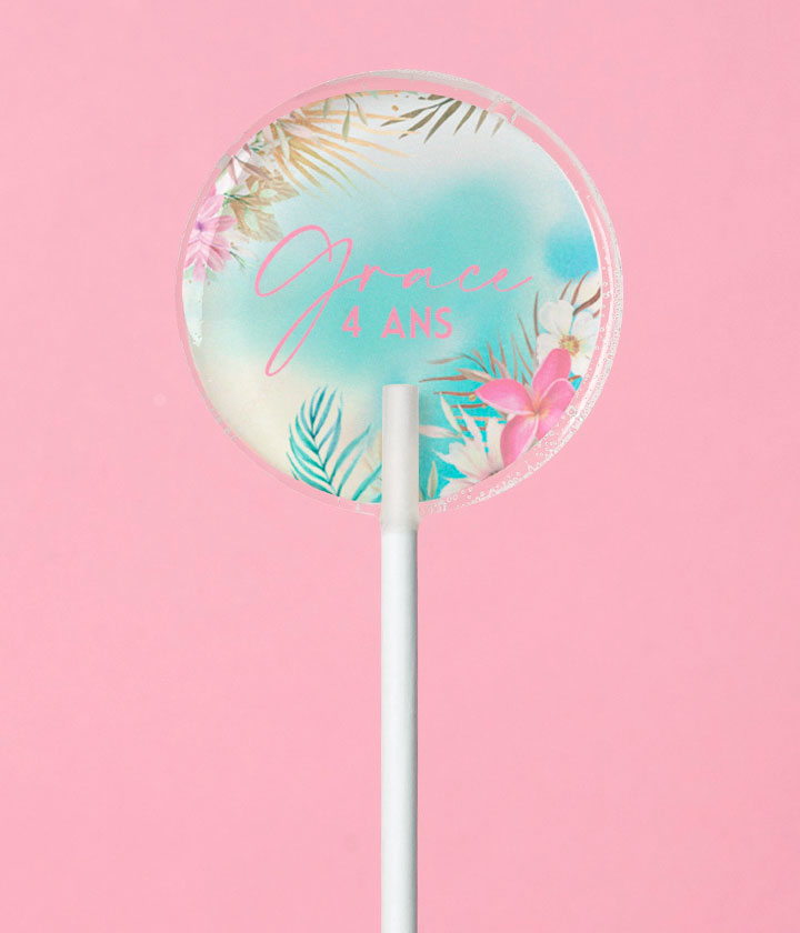 Sucette personnalisée au prénom fleurs tropicales sur fond turquoise – cadeau invité anniversaire