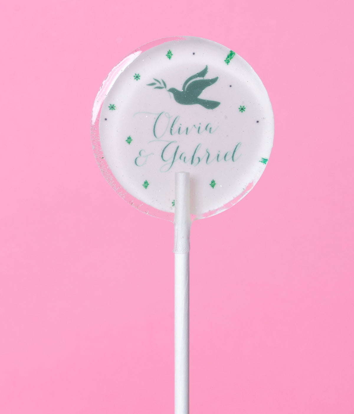 Sucette personnalisée au prénom colombe et feuillage vert sauge – cadeau invité baptême
