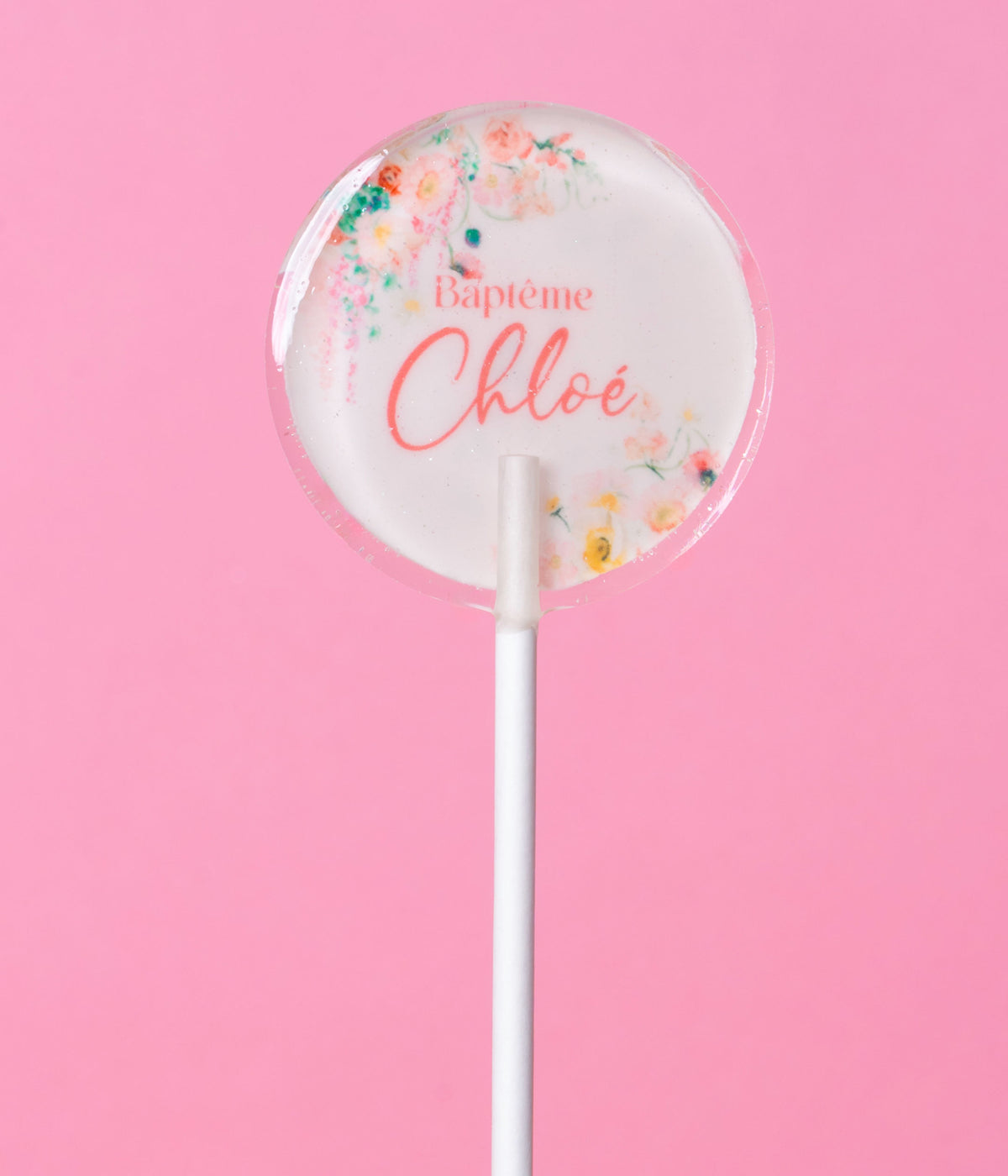 Sucette personnalisée au prénom fleurs de printemps pastel – cadeau invité baptême