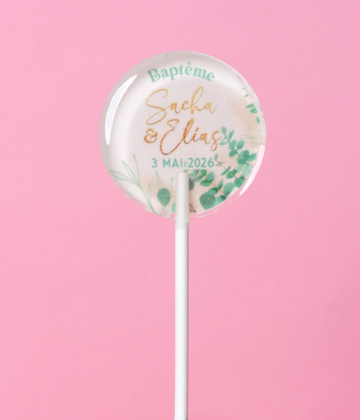 Sucette personnalisée aux deux prénoms, eucalyptus et touches dorées – cadeau invité baptême de jumeaux