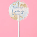 Sucette personnalisée au prénom croix dorée et aquarelle bleue – cadeau invité communion