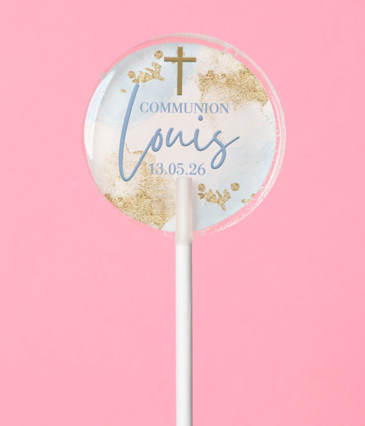 Sucette personnalisée au prénom croix dorée et aquarelle bleue – cadeau invité communion