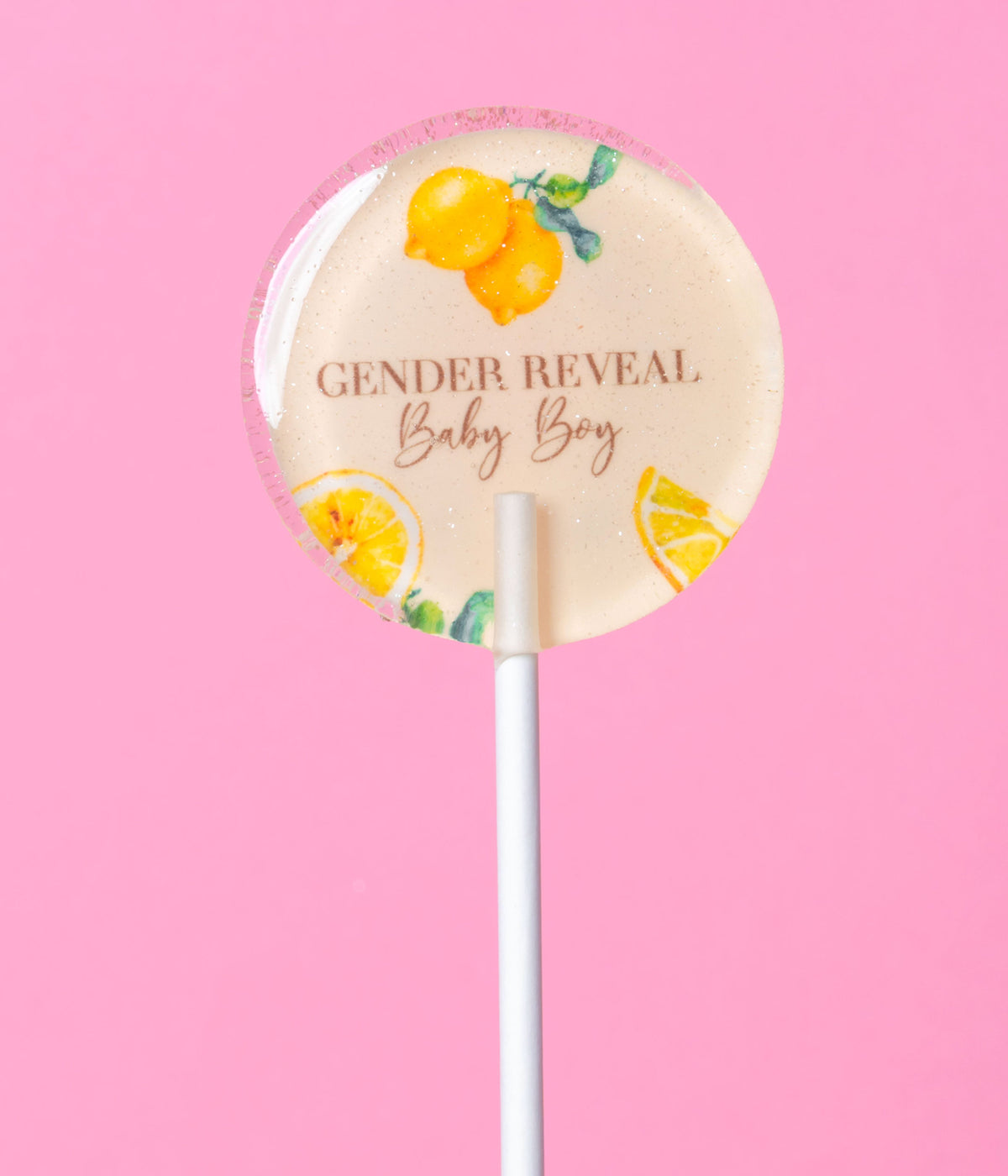 Sucette personnalisée au prénom citrons jaunes gender reveal – cadeau invité gender reveal