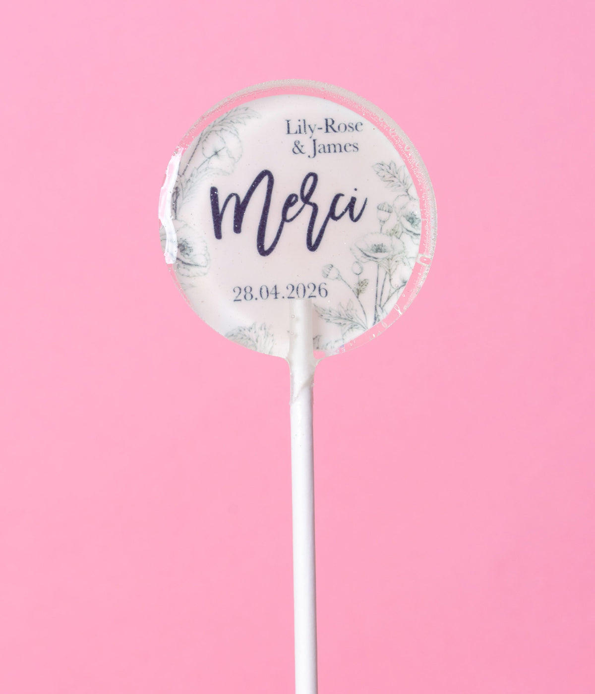 Sucette personnalisée aux prénoms « Merci » et fleurs au trait – cadeau invité mariage